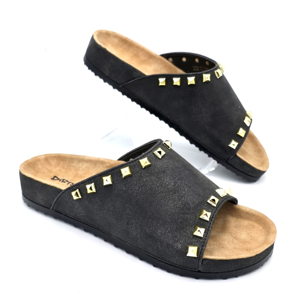 NWOT Dirty Laundry by Chinese Laundry Qiana Slide Sandals, Black/Gold Studs Sz 6